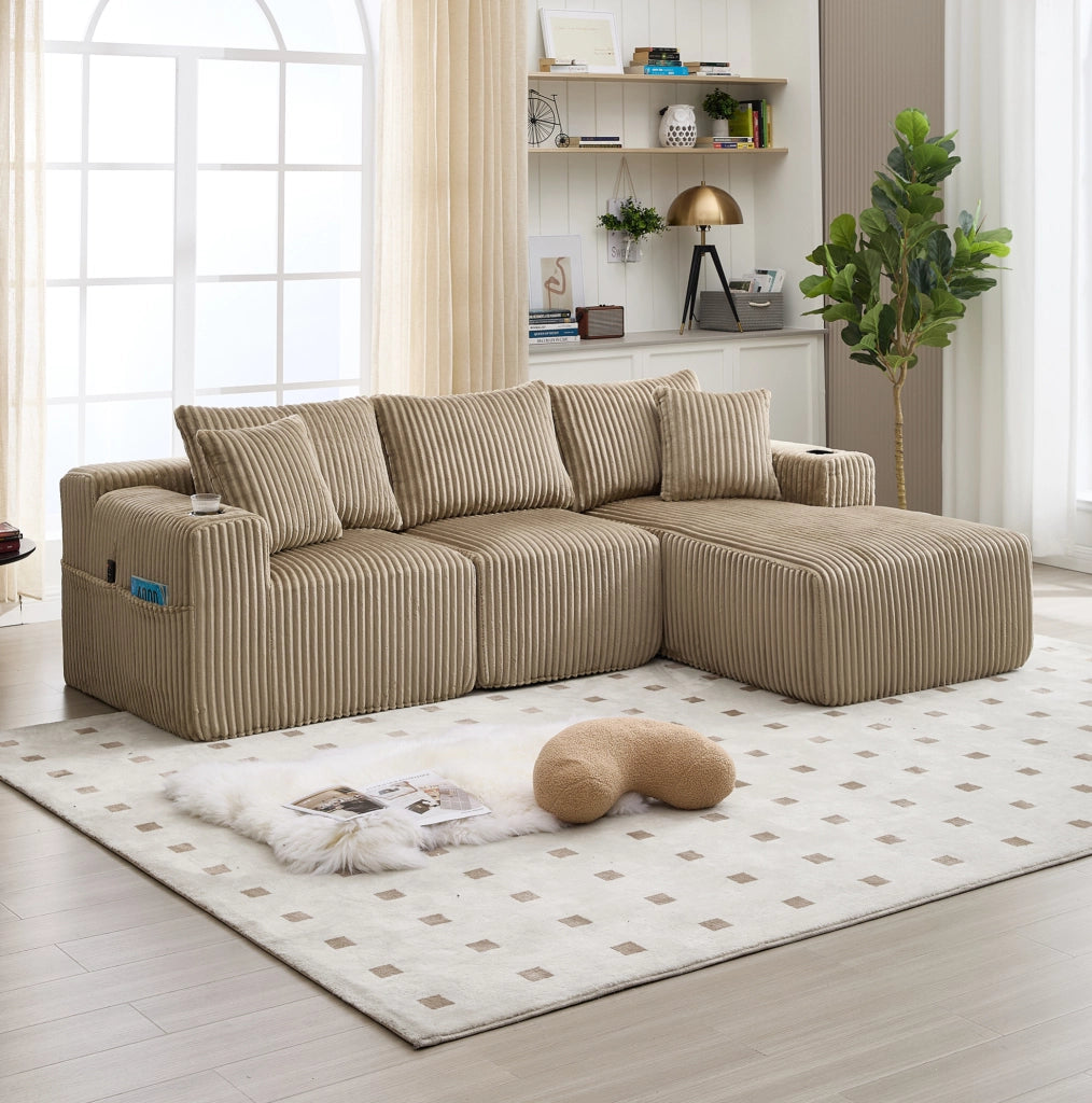 Divano modulare con chaise longue e 2 posti; 257x90-160x62 cm; in corduroy khaki