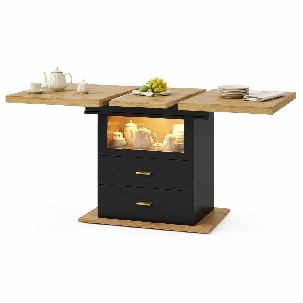 Tavolo da pranzo allungabile 110-140 x 80 x 75 cm con LED, 2 cassetti, MDF e metallo