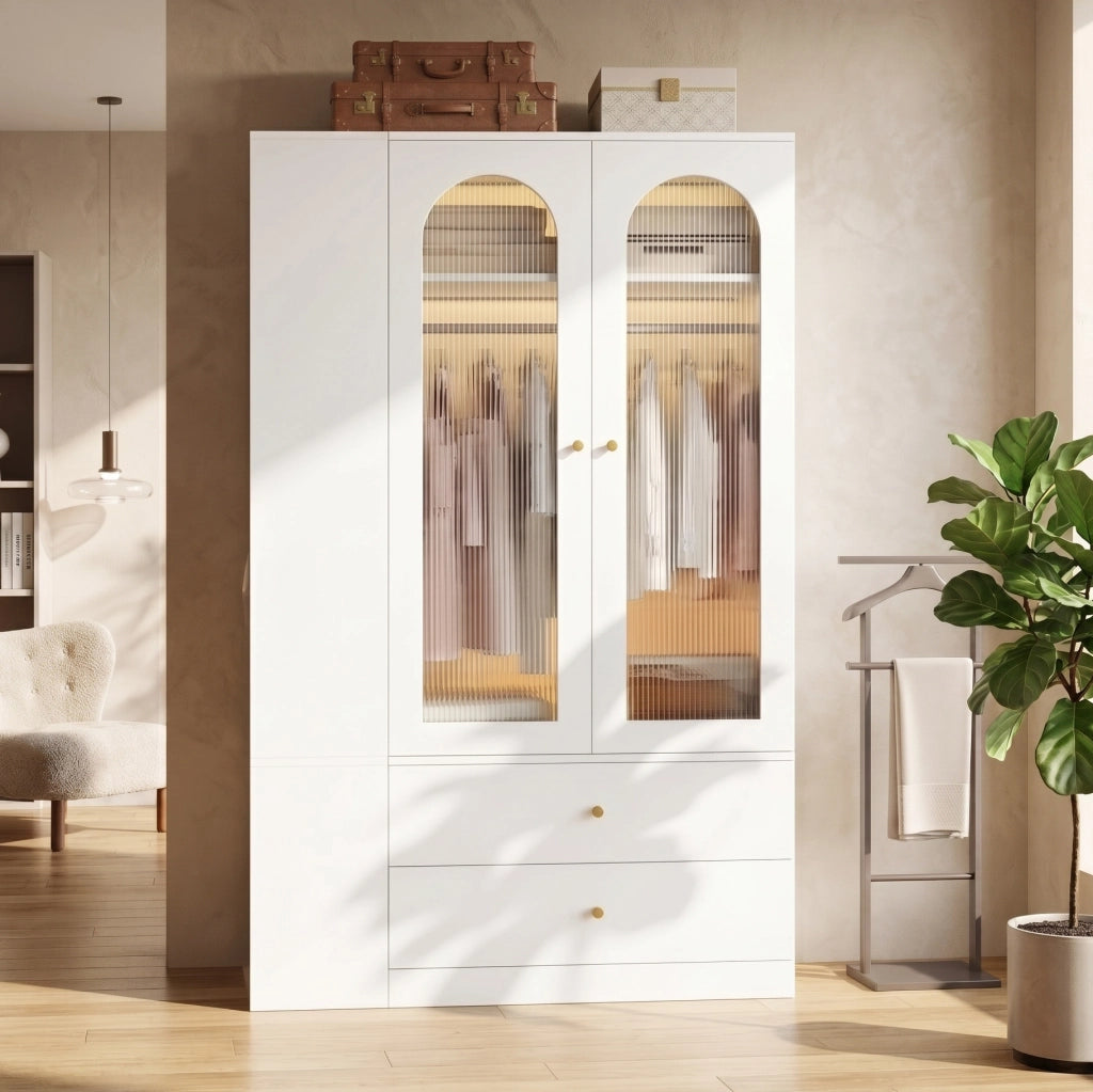 Armadio 120x50x200 cm con 4 cassetti e 2 ante in vetro MDF bianco