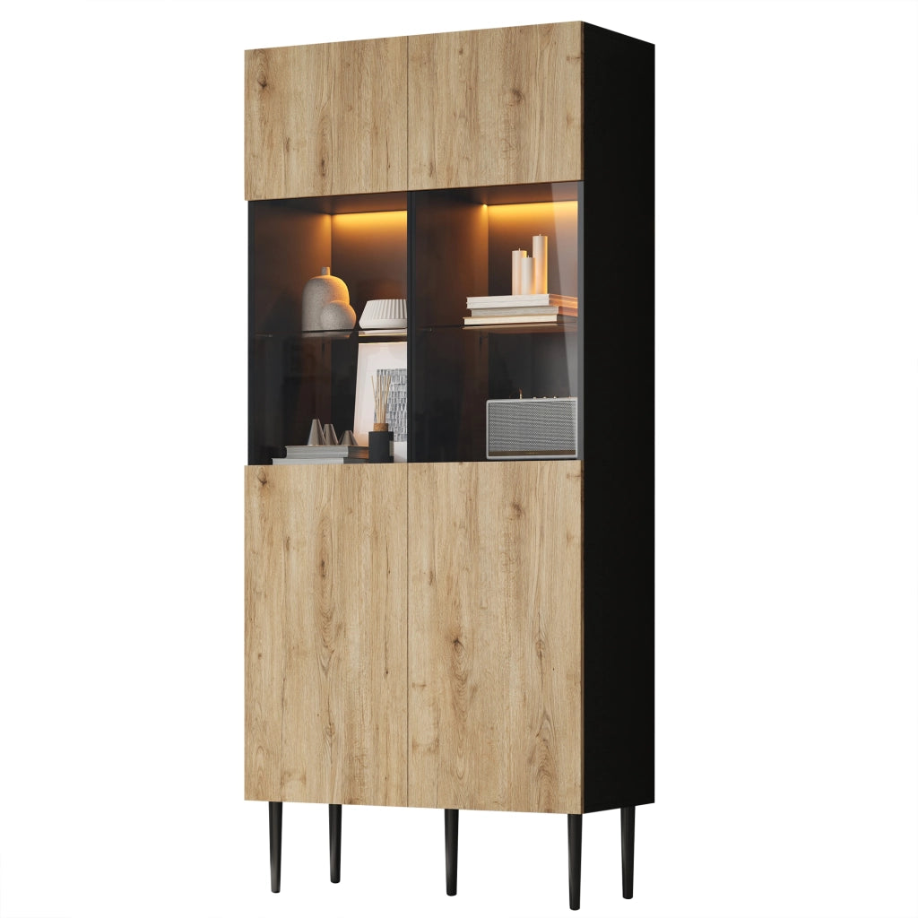 Credenza e madia con 2 ante in vetro temperato, 10 vani, LED, per soggiorno, nero e legno naturale, 80 × 35 × 180 cm