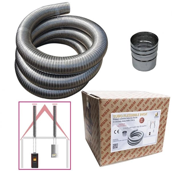 Kit tubo acciaio inox 316 flessibile 3 mt diametro 60 mm interno liscio a norma CE EN 1856 2 canna fumaria