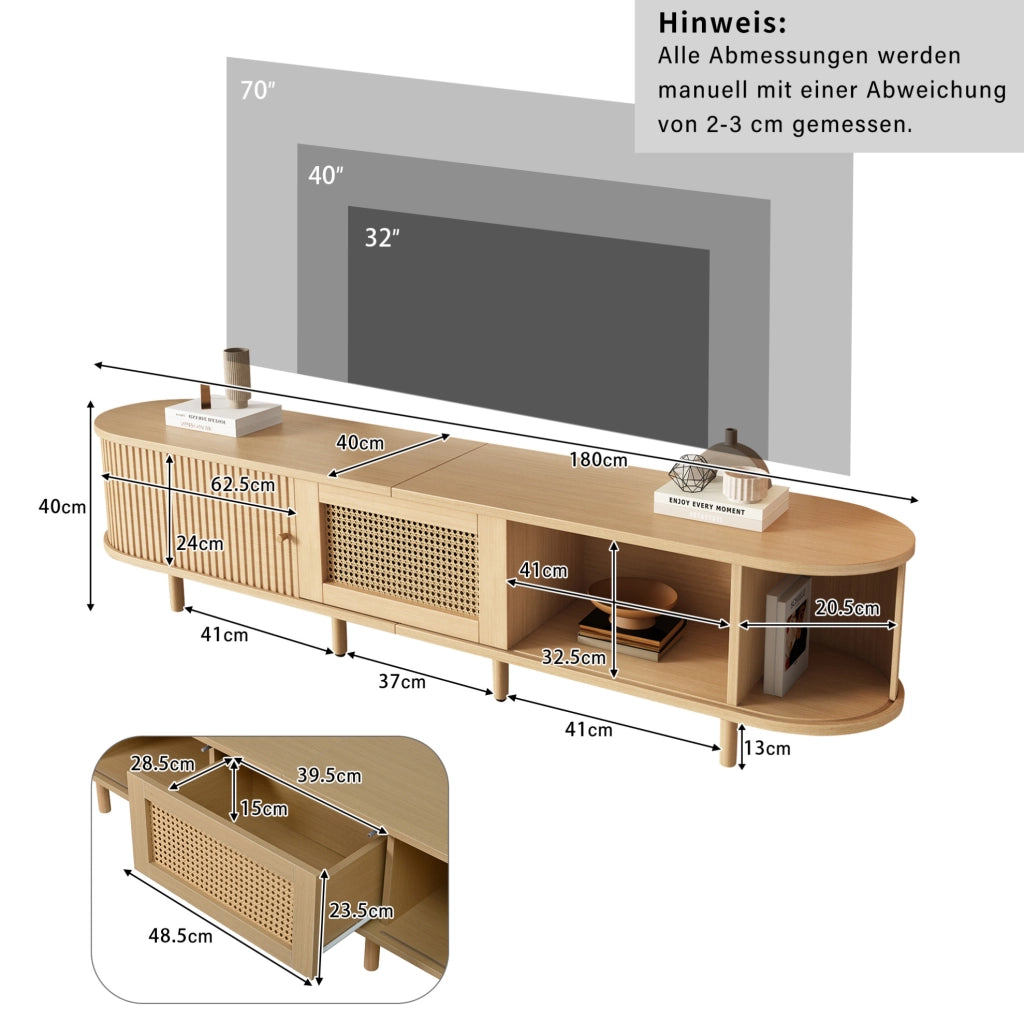 Mobile TV 180x40x40 cm con ante scorrevoli e cassetto in MDF naturale