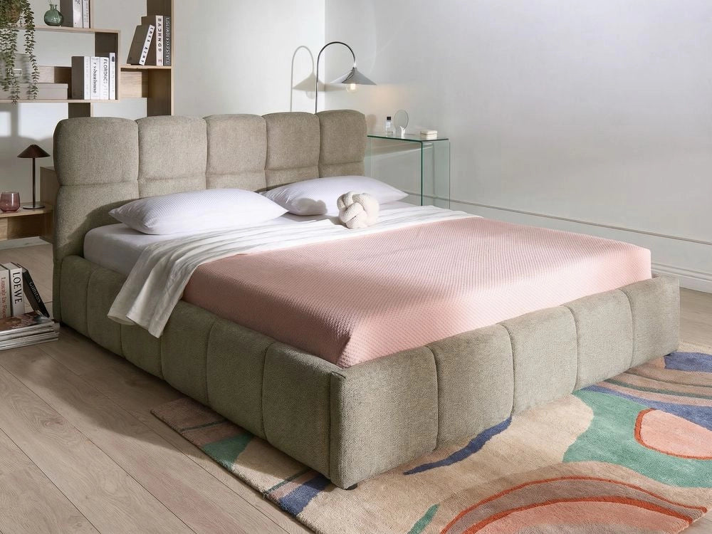 Letto matrimoniale imbottito con struttura a molle a sollevamento trapuntata 180 x 200 tortora con contenitore a molle sollevabile