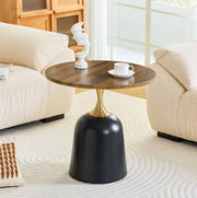 Tavolino rotondo nordico in melamina noce e nero con base in metallo