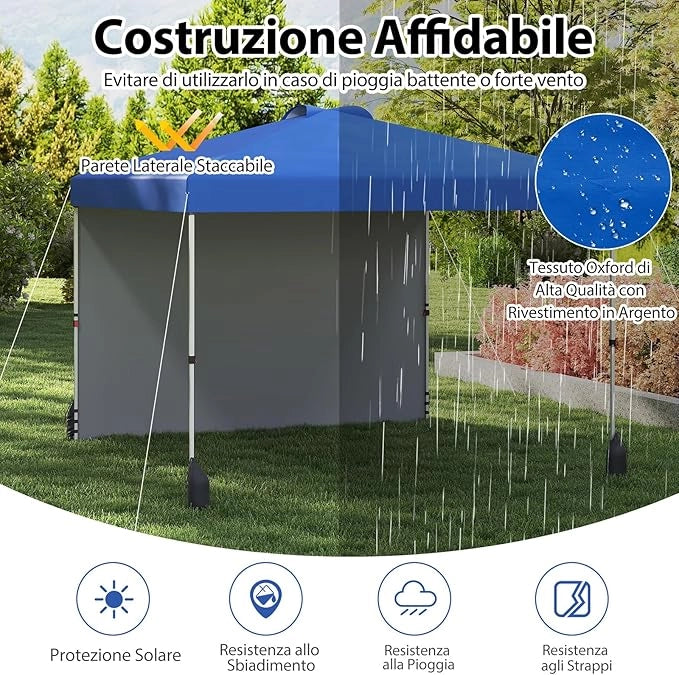 Gazebo Pieghevole 3 x 3 m, Gazebo da Esterno con Borsa con Ruote, Picchetti, Ancoraggi, Corde del Vento, Sacchi di Sabbia e Copertura Ventilata, Tendone Impermeabile per Feste (Blu)