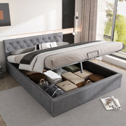 OKWISH Letto Contenitore 140×200 cm, Letto Matrimoniale con Vano Contenitore Idraulico e Testiera Trapuntata, senza Materasso, in Velluto, Grigio