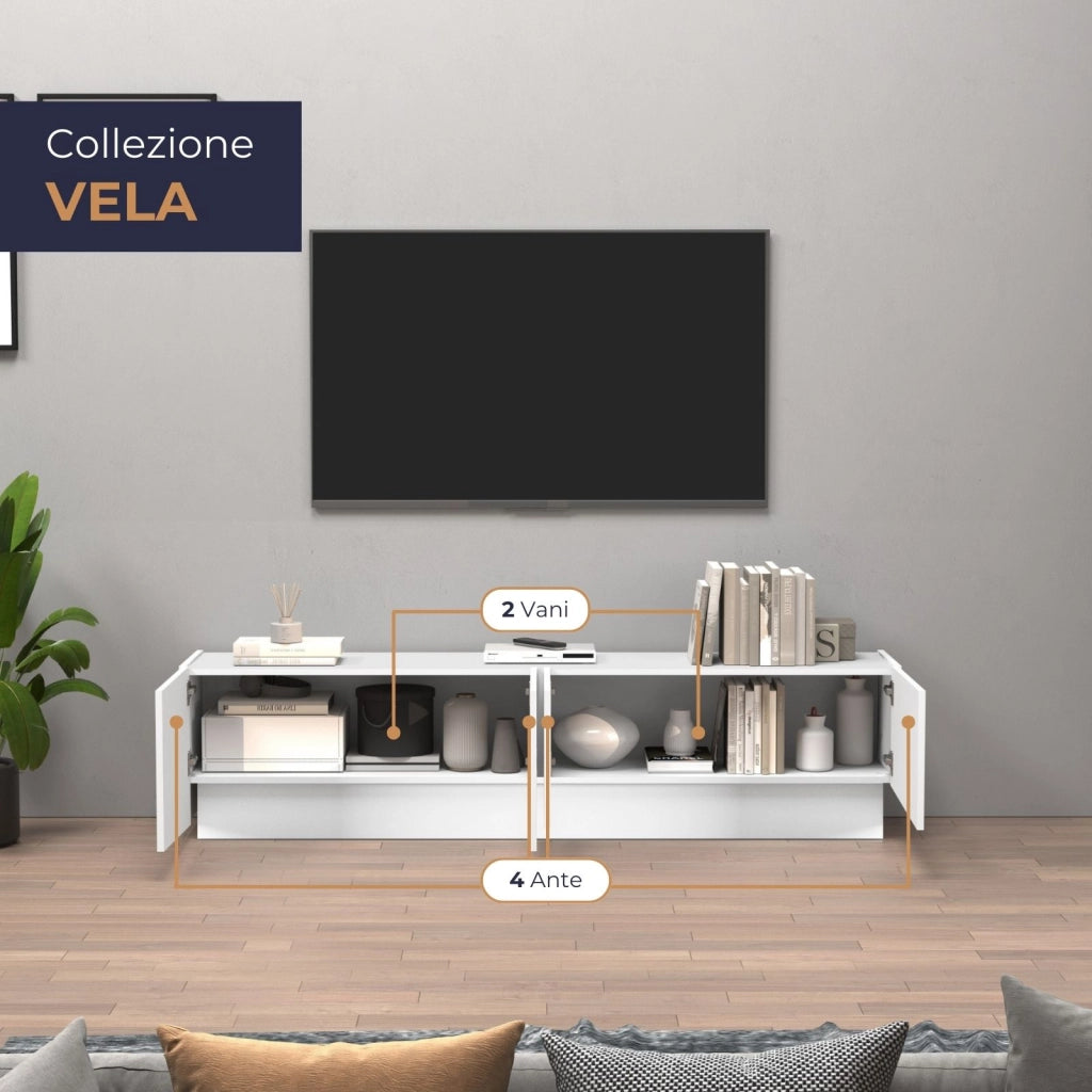 WHOUS Mobile porta TV Vela con 4 ante colore bianco lucido 180x35x45,4 cm