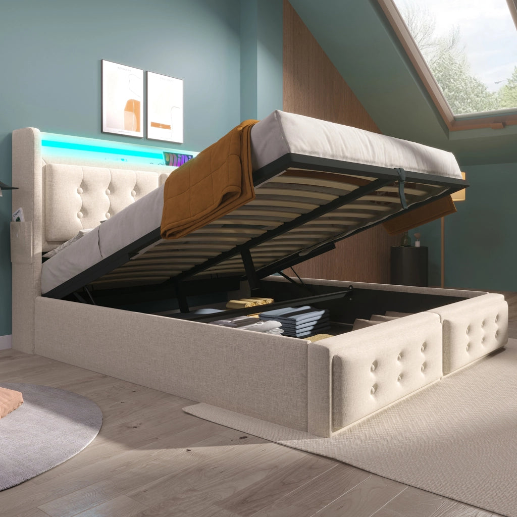 OKWISH Letto Contenitore 160×200 cm, Letto Matrimoniale con LED Regolabile, USB, Tipo C e Prese, senza Materasso, in Tessuto Cotone Lino, Beige