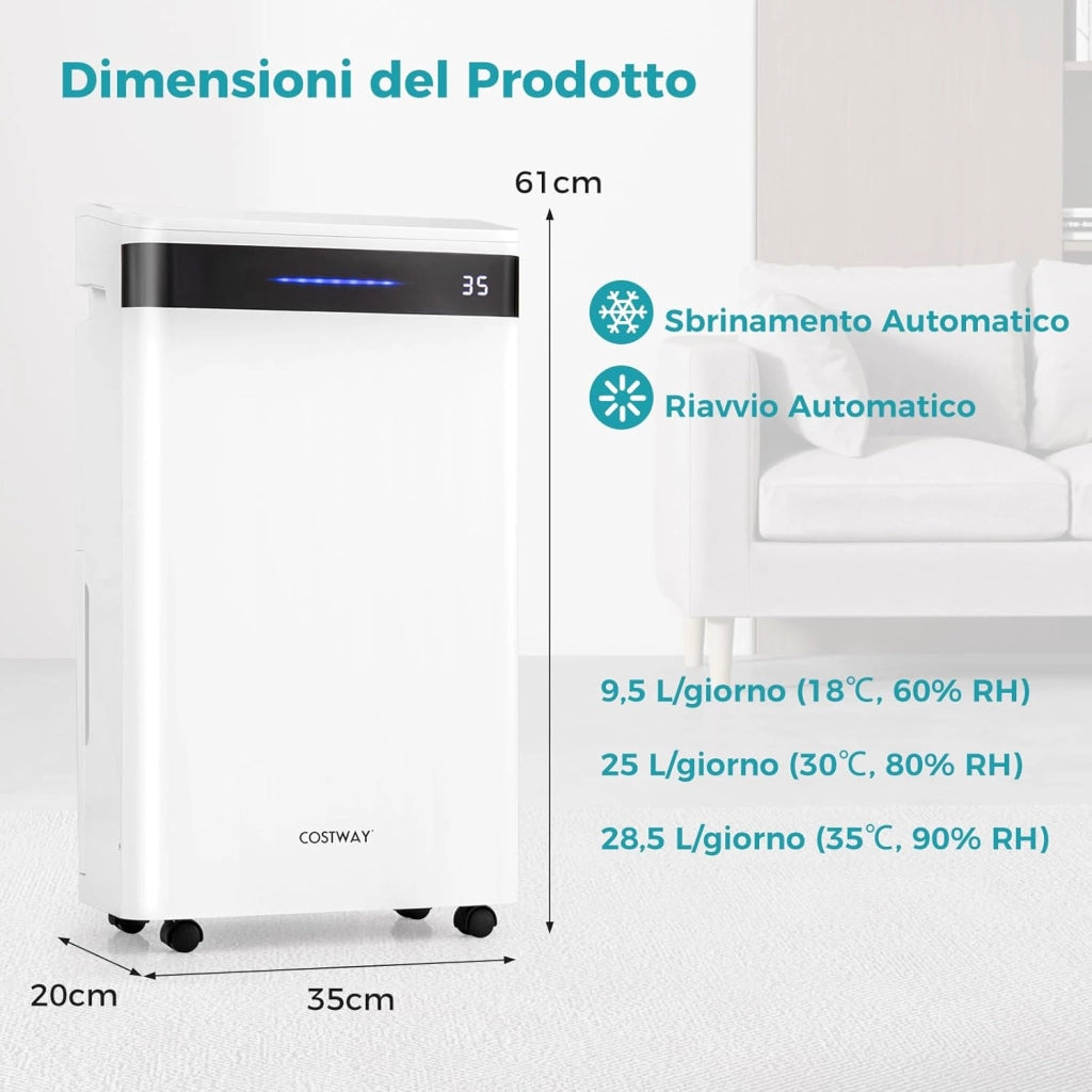 28,5L Deumidificatore per Casa, Deumidificatore Silenzioso 35㎡ con 4 Modalità Indicatore a 3 Colori Timer 24H e Ruote, Scarico Automatico o Manuale