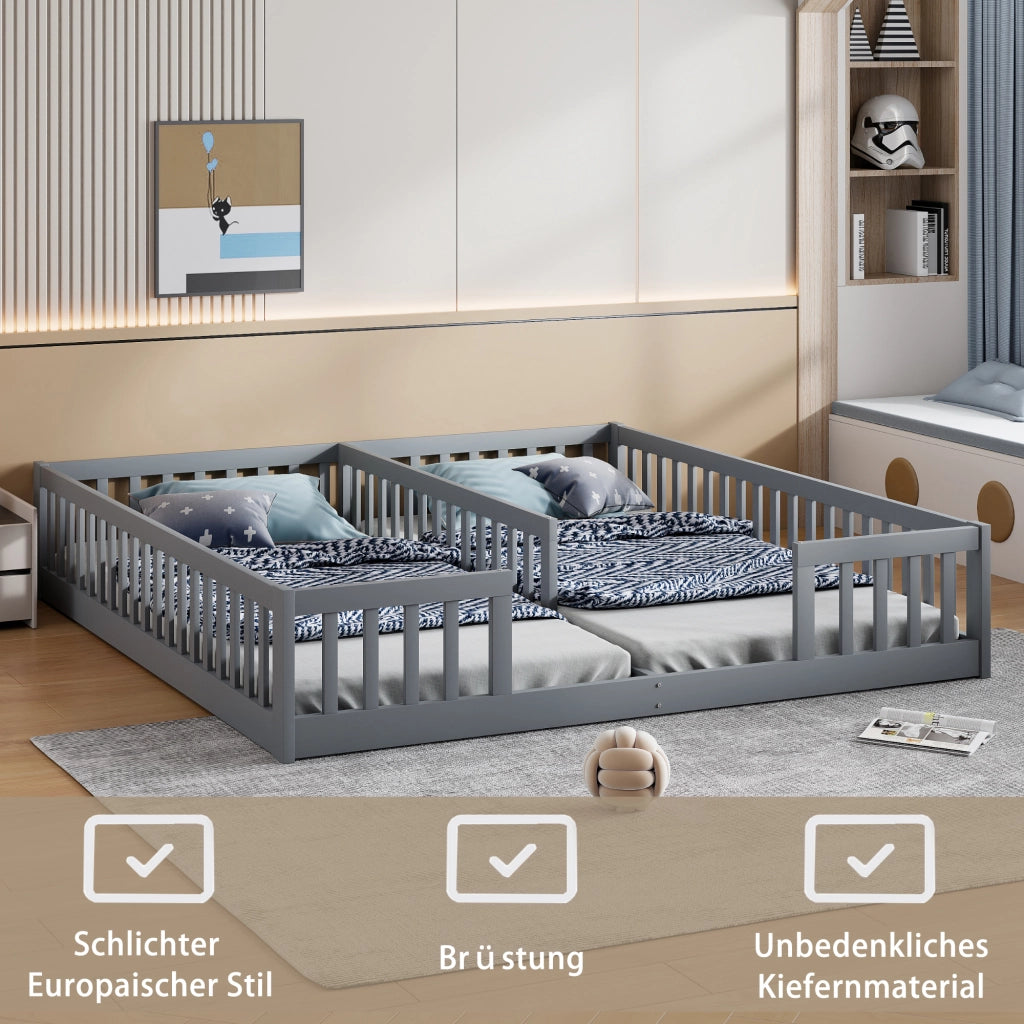 OKWISH Letto Bambino 90×200 cm, Letto Singolo a Terra con 2 Posti Letto, Sponde di Sicurezza, con Doghe e senza Materasso, Grigio
