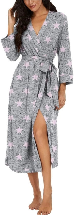 Kimono da Bagno con V Collo per Donne con Manica Lunga e Cintura con Motivi Stellari (Rosso, L)