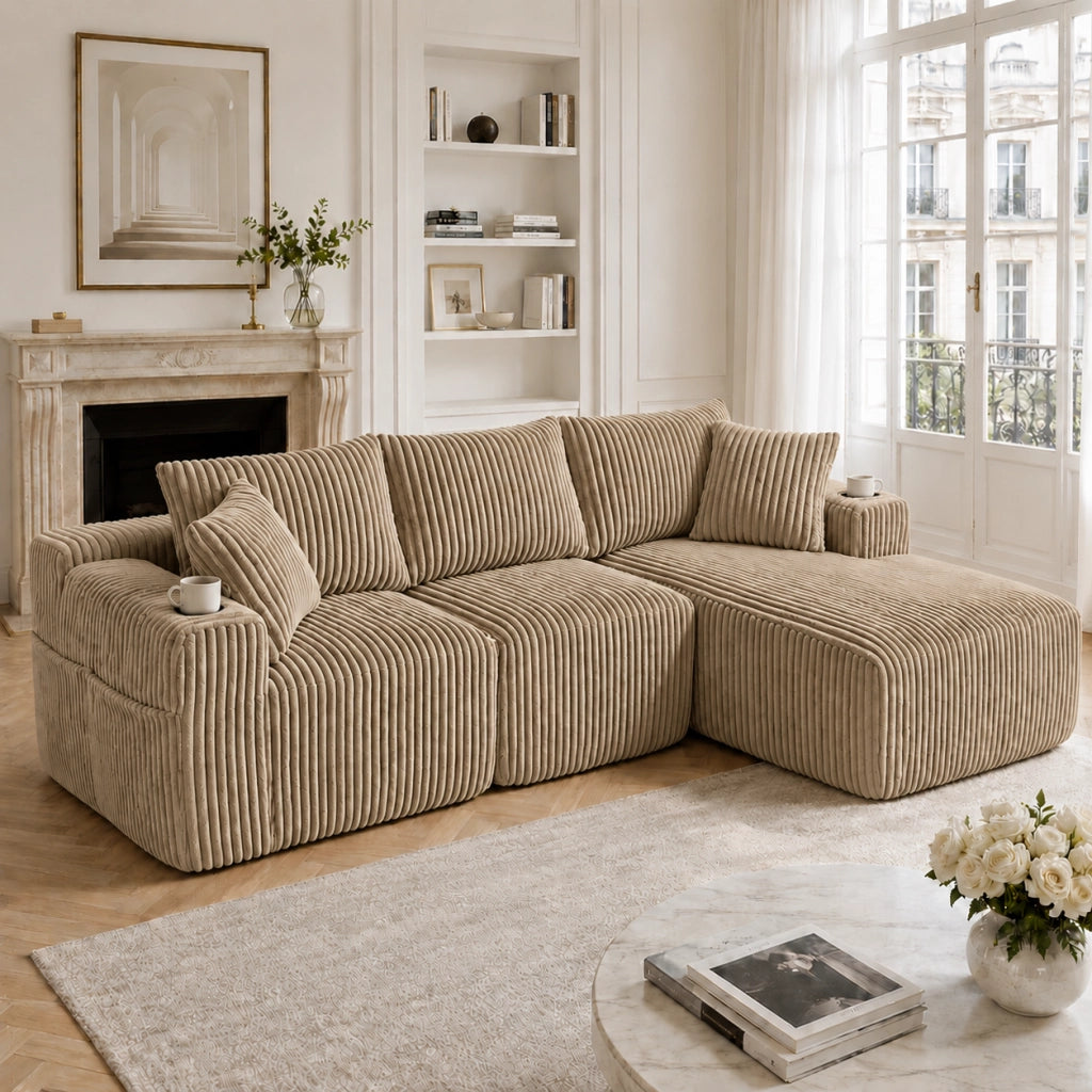 Divano modulare con chaise longue e 2 posti, rivestimento in corduroy, 5 cuscini, tasche laterali e portabicchieri