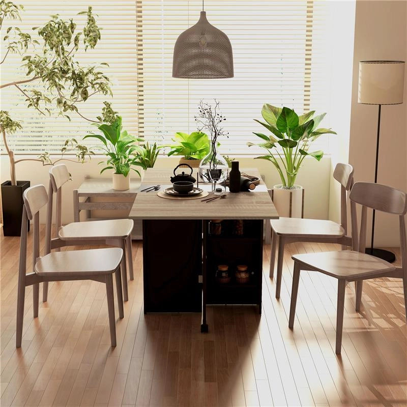 TAVOLO PIEGHEVOLE CONSOLLE PER 4-6 PERSONE CON RUOTE E RIPIANI, 140X75X74CM, ROVERE E NERO