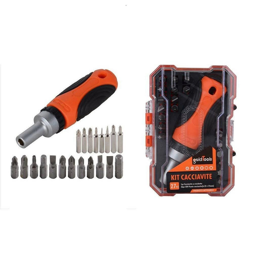 Trade Shop - Kit Cacciavite Cricchetto Multiuso 27 Pz Magnetico Con Manico Antiscivolo 92187 -