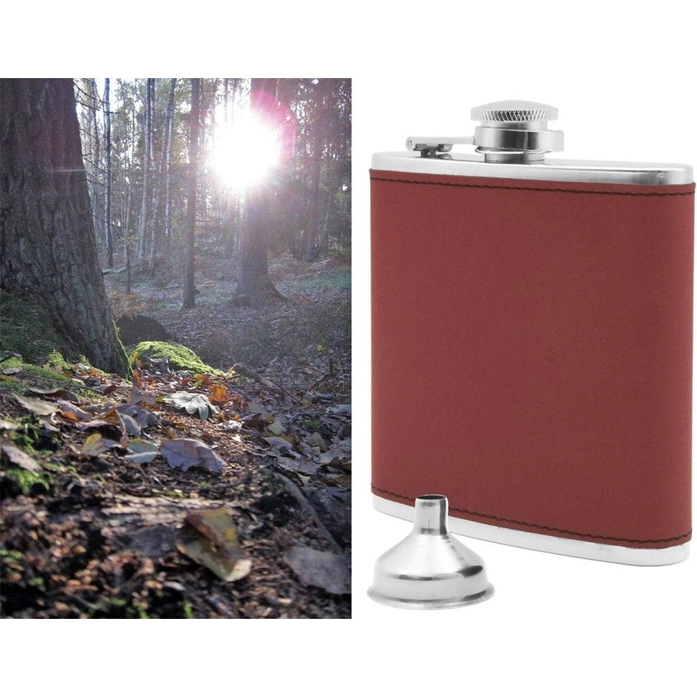 Trade Shop - Fiaschetta In Acciaio Inox Design In Pelle Con Imbuto Idea Regalo 175 Ml Rosso -