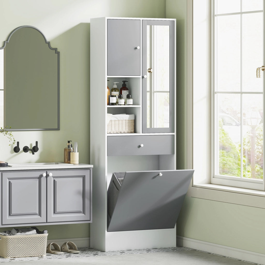 Mobile da bagno con cesto per la biancheria e specchio ripiano regolabile ¨C zephmum ¨C 62x28.3x181 cm grigio bianco