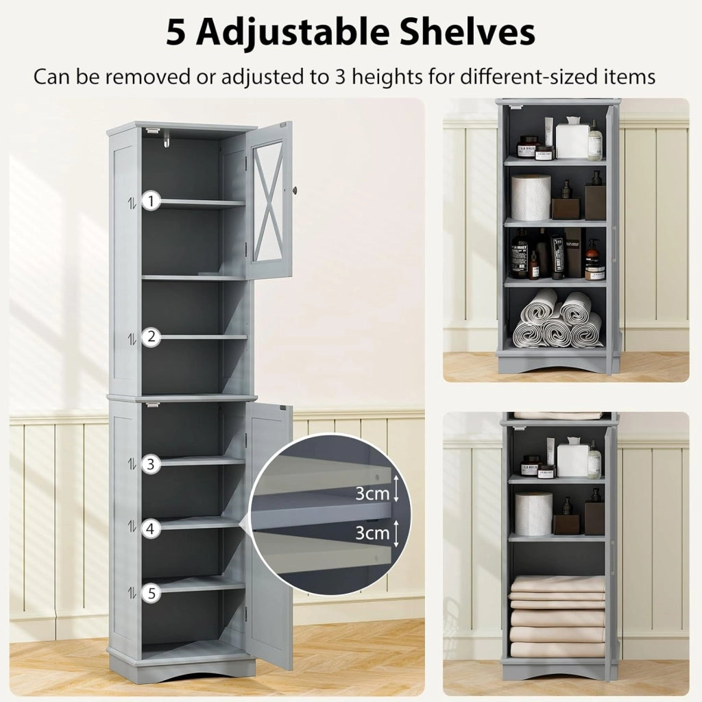 Armadietto da Bagno Slim con 2 Ante, Ripiano Regolabile e 2 Scomparti Aperti, Mobile Alto per Bagno e Soggiorno, Moderno，2 Colori