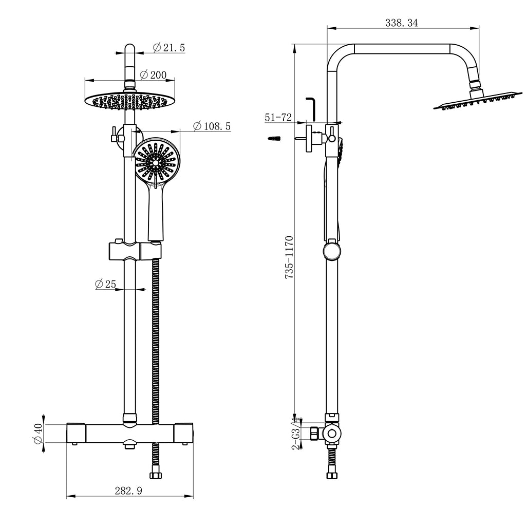 AICA ITALY Sistema Doccia con Miscelatore Termostatico a 38℃ e Doccetta Rotonda Altezza Regolabile 72-120cm Cromo