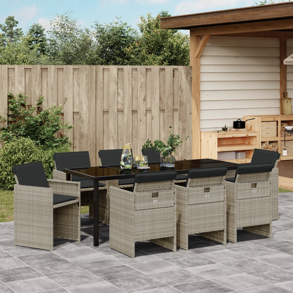 Set da Pranzo da Giardino con 9 Pezzi e Cuscini Grigio Chiaro Rattan Polare