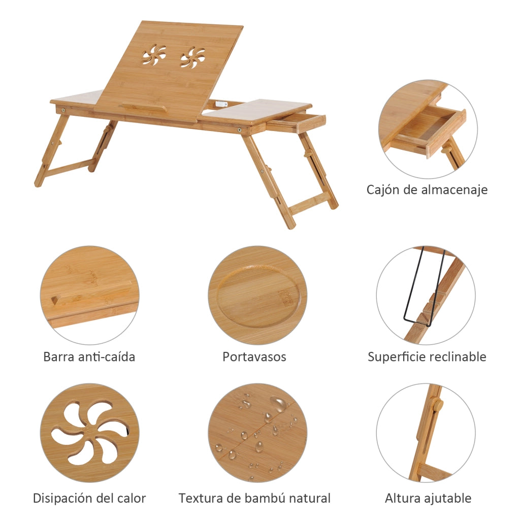 Tavolino da letto in bamb¨´ con cassetto regolabile in altezza ¨C zephmum ¨C 72x35x22-30cm