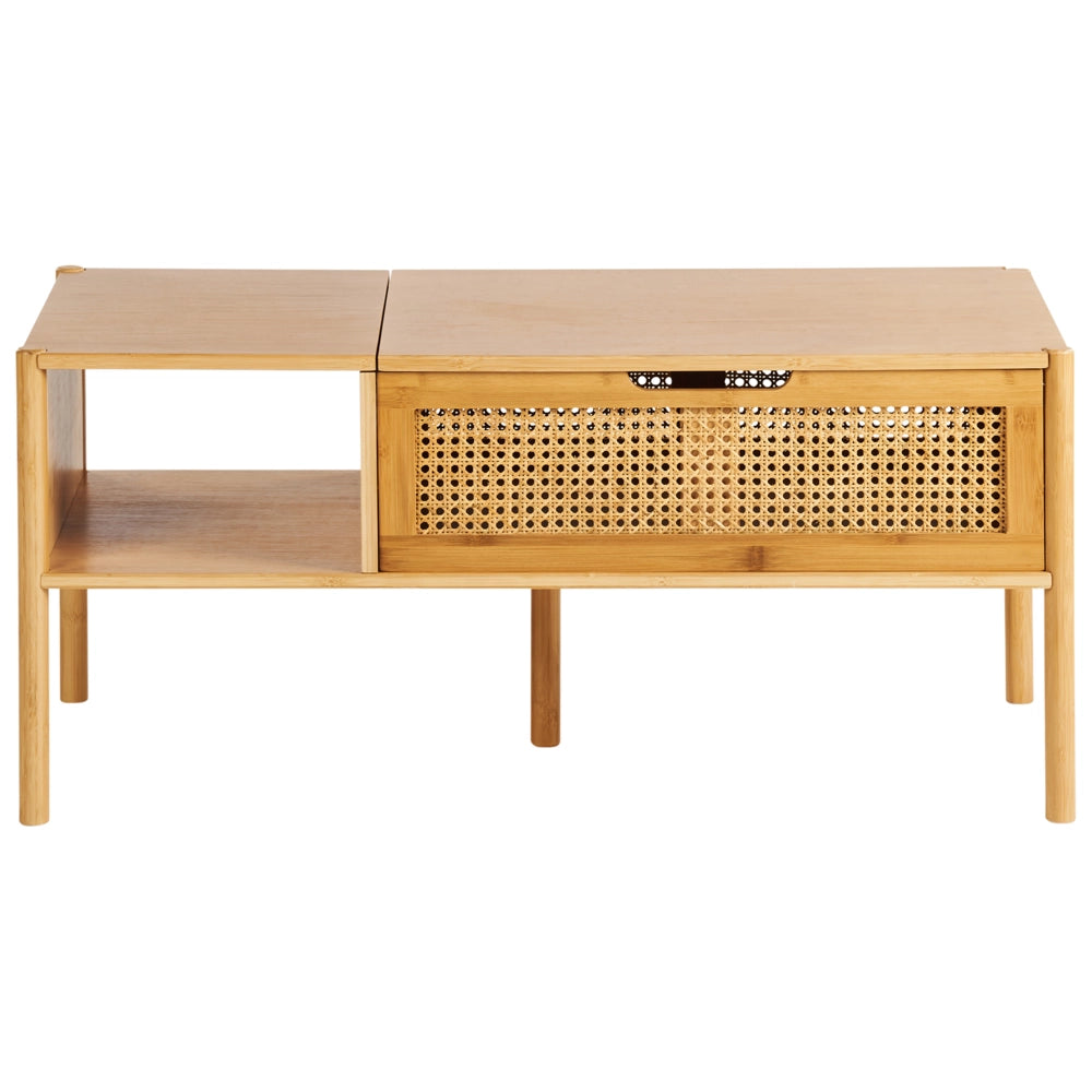 Tavolino da caffè in bambù naturale e rattan 99 x 48 cm con piano d'appoggio per il soggiorno in stile Boho