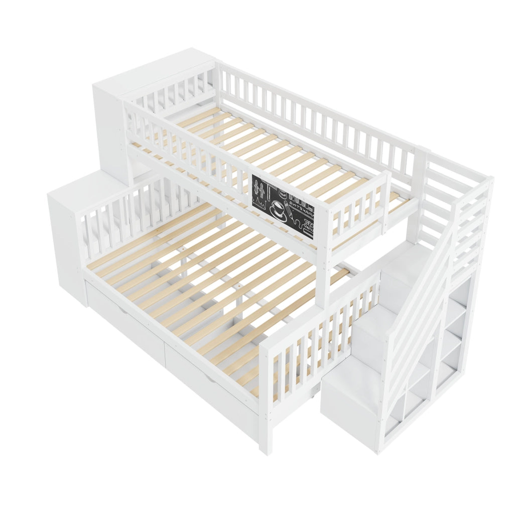 OKWISH Letto a Castello 140×200 cm e 90×200 cm, Letto 3 Posti con Scala Contenitore, Armadi e Lavagna, senza Materasso, Bianco