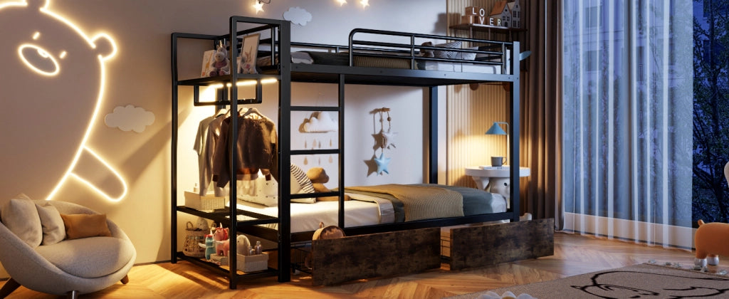 DESMIU Letto a castello 90 × 200 cm con 2 cassetti, ripiani, barra appendiabiti e LED, senza materasso