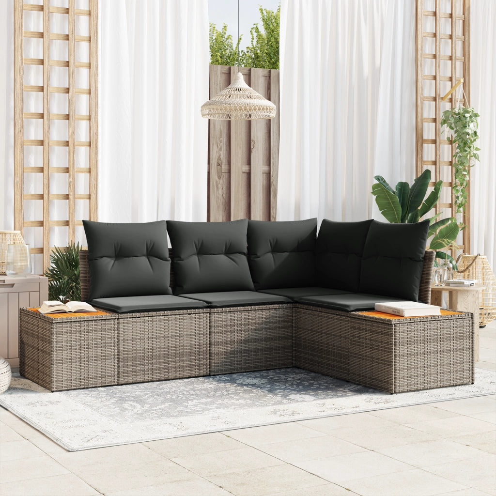 Set di divani da giardino a 4 pezzi con cuscini in polyrattan grigio e acacia