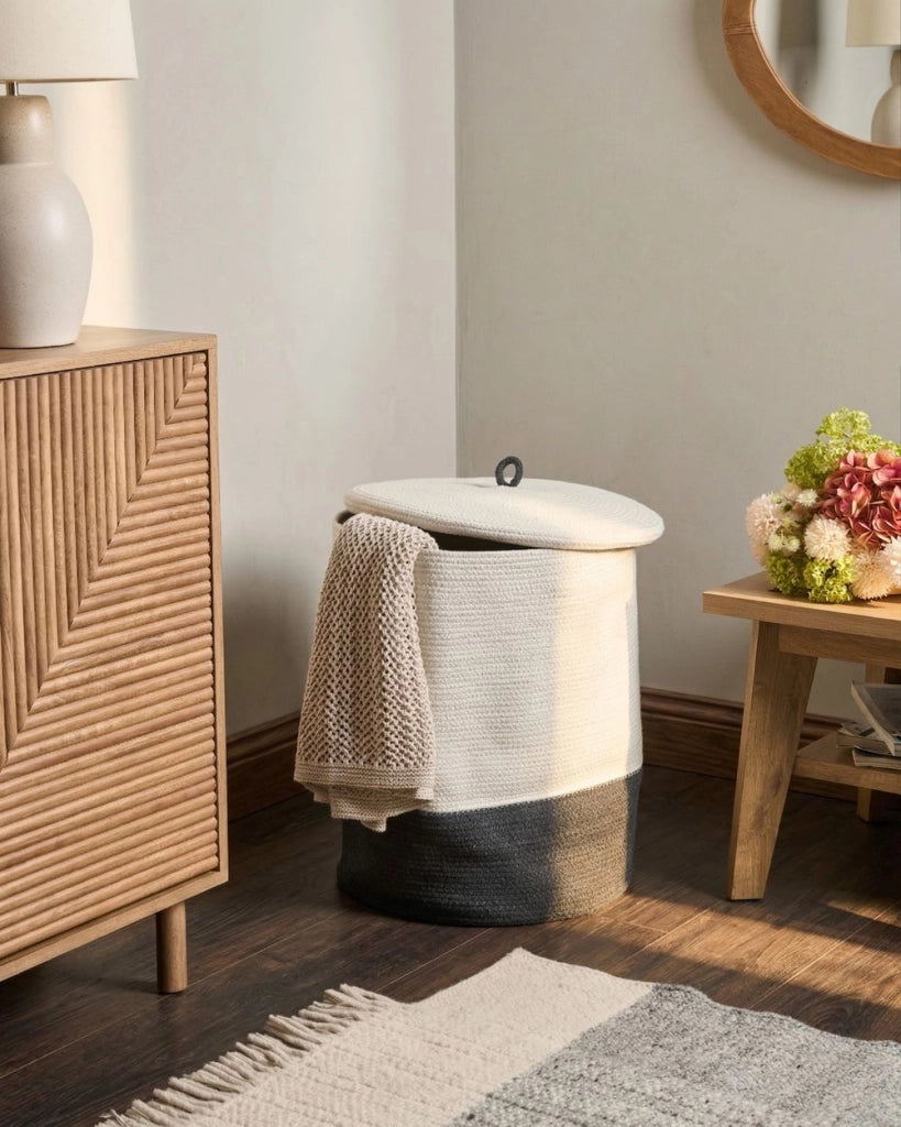 Cesto portaoggetti in cotone grigio bianco con coperchio, cesto per la biancheria, accessori in stile boho