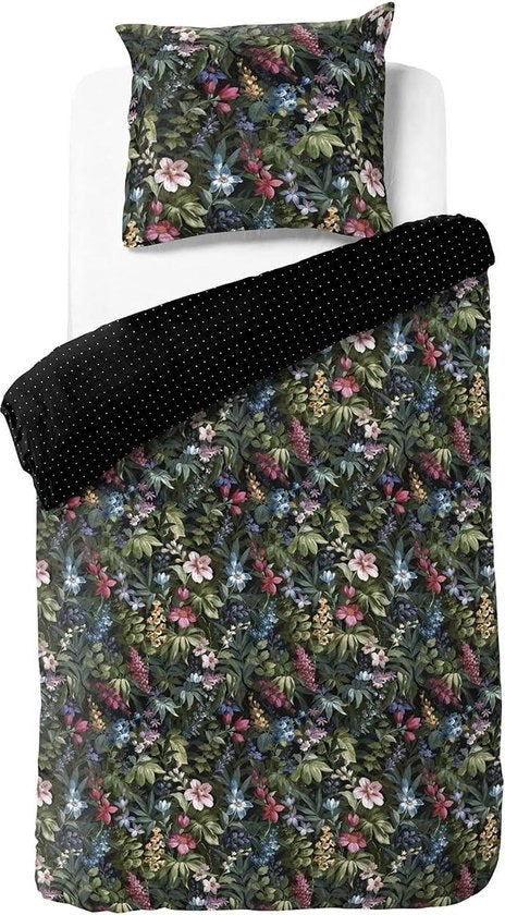 Set di copriletto a doppia faccia con fiori botanici - verde, rosa antico, blu - nero e bianco a puntini - 140x200/220CM (+70x60CM cuscino) - Co Sleeper