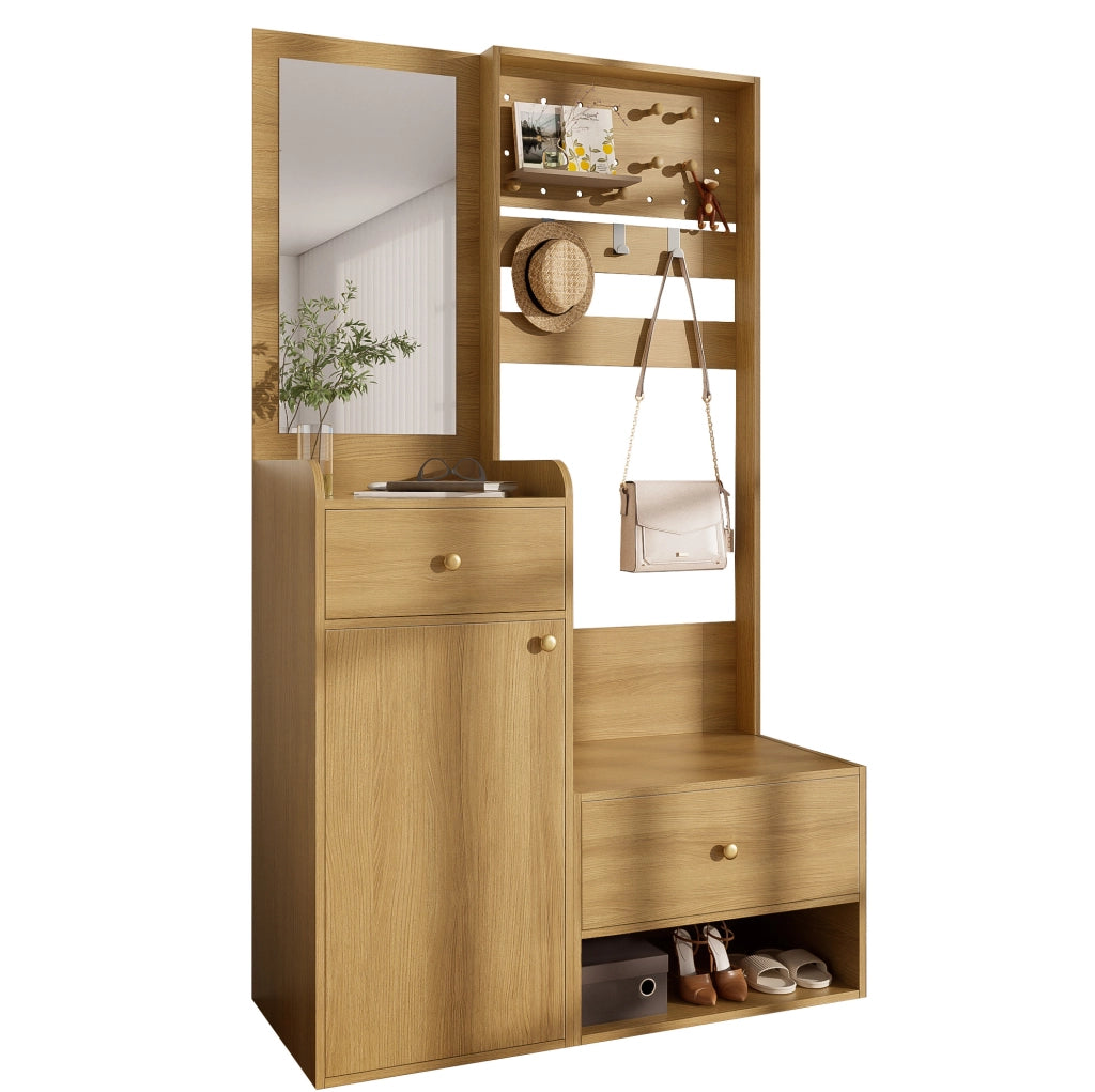 Mobile da ingresso con specchio; 2 cassetti e ganci regolabili; 105x38x180 cm; legno
