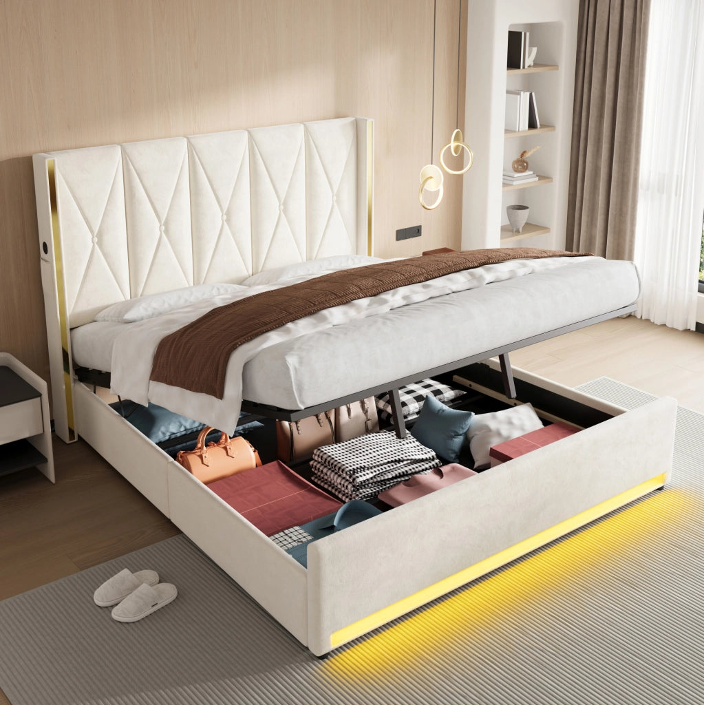 Letto 180x200 cm con contenitore; LED; USB e Type-C in velluto beige