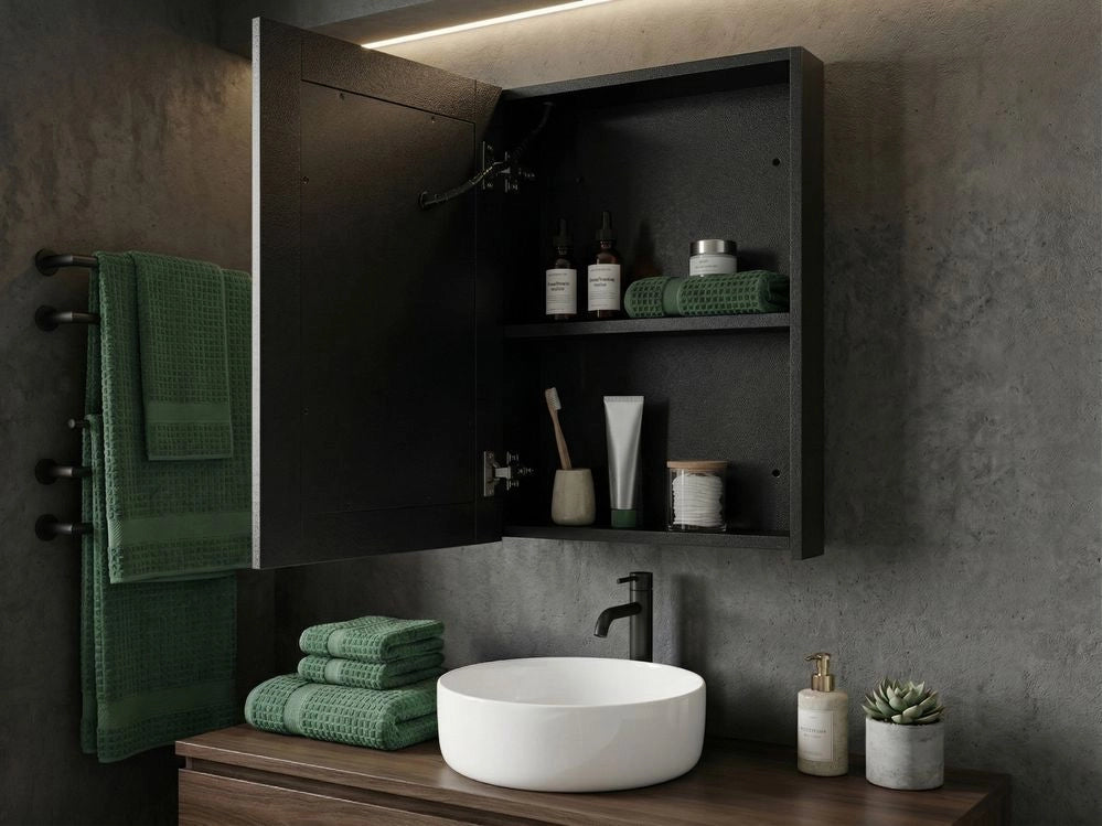 Specchiera da bagno in vetro nero e legno ingegnerizzato con LED 40 x 60 cm Design moderno