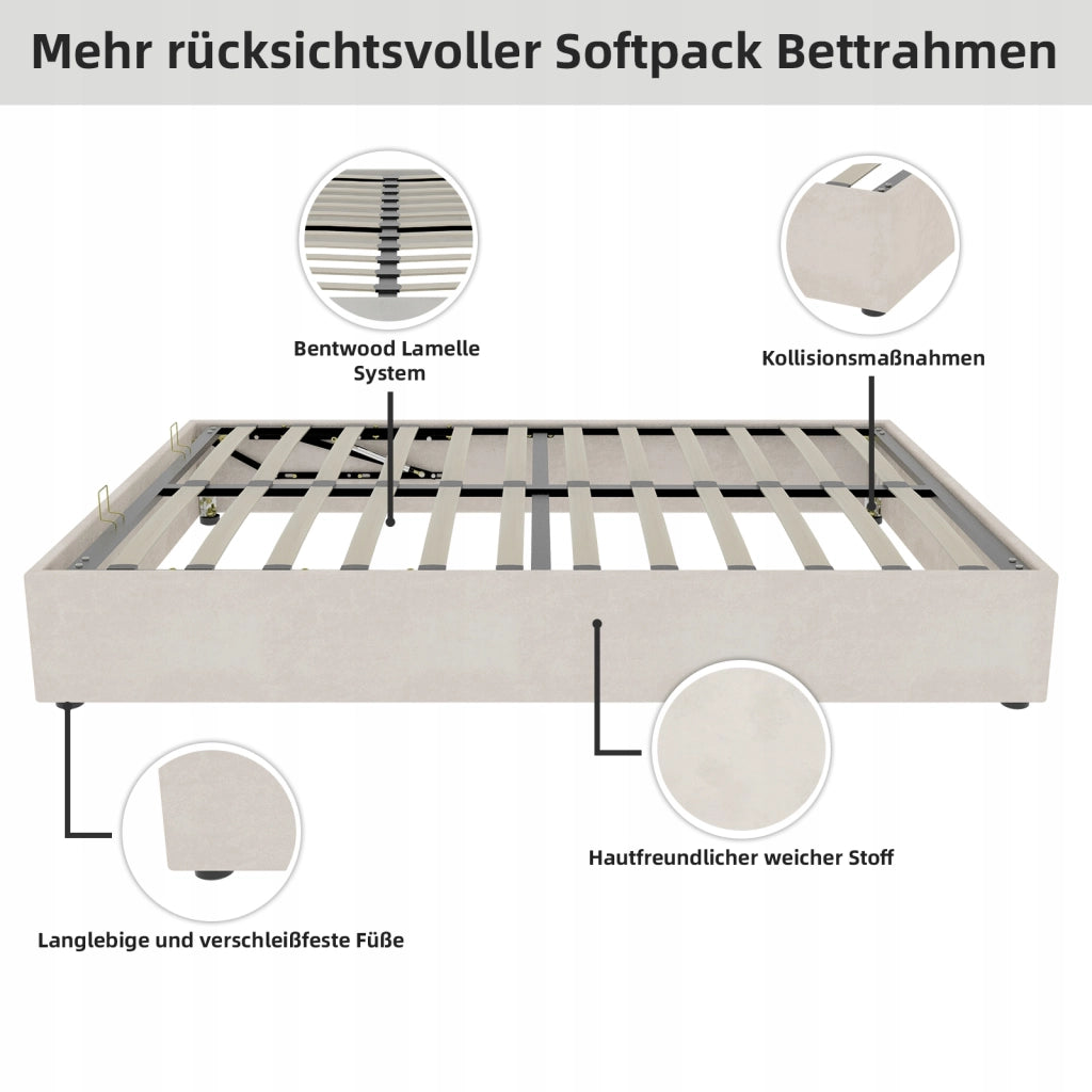 Letto imbottito 140x200 - Xylo - Beige velluto olandese telaio sollevabile