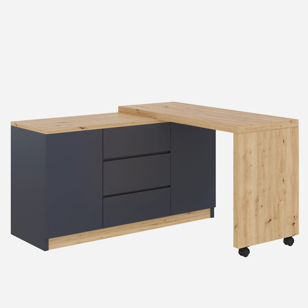 Scrivania pieghevole multifunzionale con 2 ante e 3 cassetti su ruote con freno in grigio quercia 120 × 50 × 76,5 cm