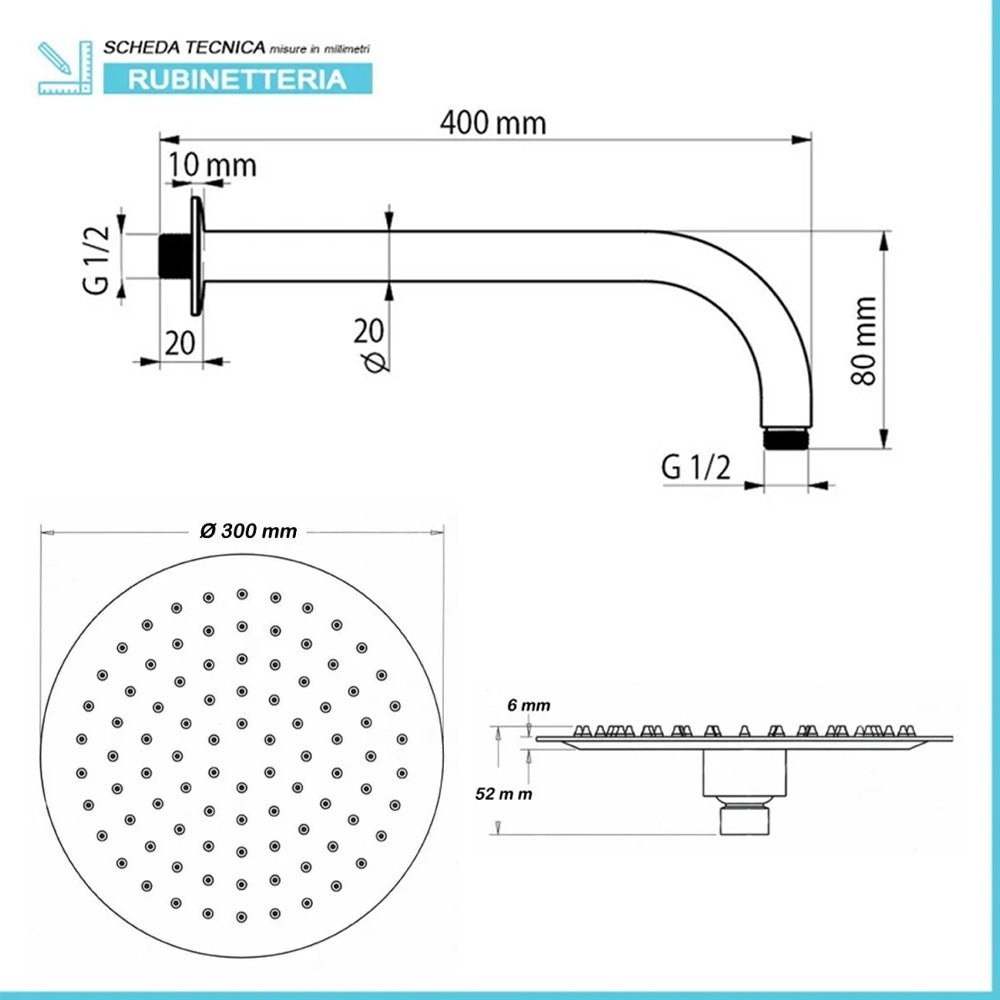 Set doccia miscelatore con deviatore, braccio 40 cm, soffione 30cm e doccino finitura cromo lucido Aurora