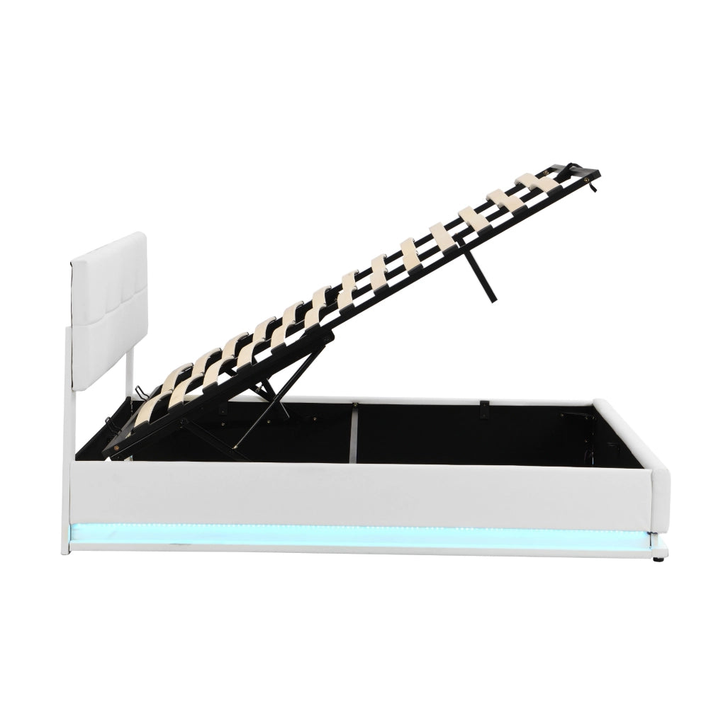 Letto 180x200 cm con LED e contenitore sollevabile in similpelle bianco