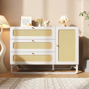 Credenza Stile Cottage 120x85x40cm - Xylo - Bianco con 3 Cassetti e Maniglie Vimini