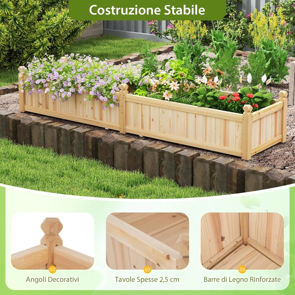 Letto da Esterno Rialzato in Legno, Fioriera Rettangolo con Divisorio, Sistema di Drenaggio, Fodera in Tessuto non Tessuto, Orto Rialzato per Giardino e Cortile, 227 x 59,5 x 40 cm (Naturale)
