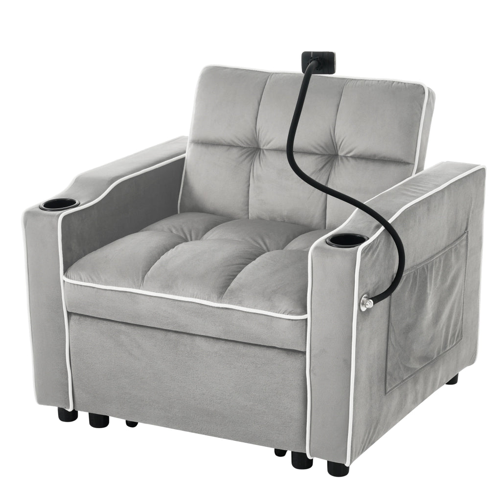 Divano letto singolo 3 in 1 - con portabicchieri e porta telefono - in velluto - grigio anticato