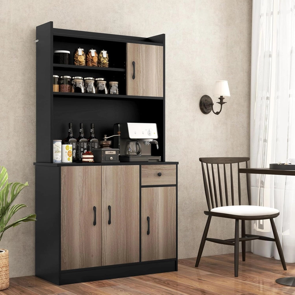 Credenza Alta da Cucina 180 cm, Mobile Cucina Dispensa con Fori per Cavi, Mobile Buffet con 4 Ripiani Regolabili, 3 Armadi, per Soggiorno, Sala da Pranzo, 100 x 40 x 180 cm (Nero)