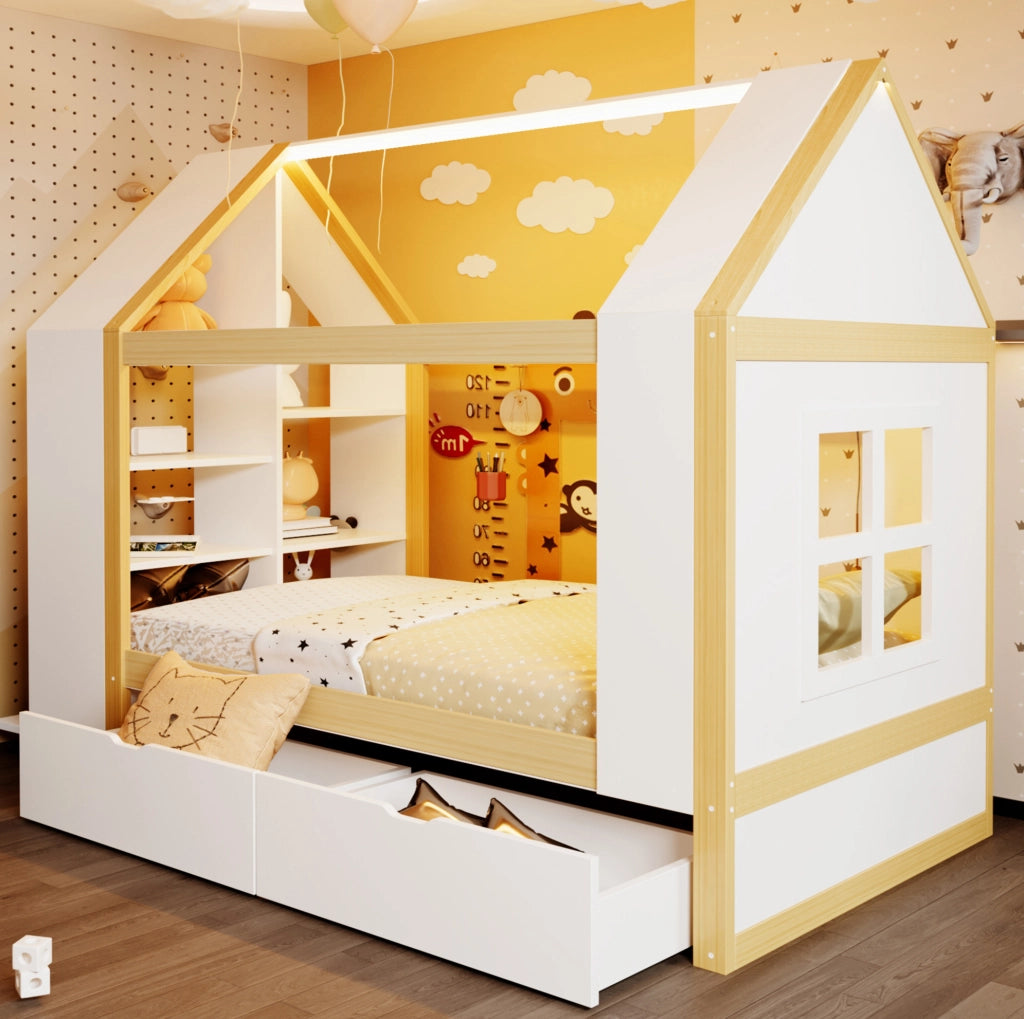 Letto per bambini a casetta 90x200 cm con cassetti, vano contenitivo e LED