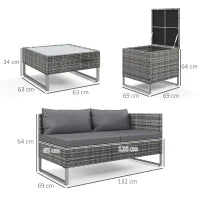 Set da Giardino 4 Pezzi con 2 Divani 2 Posti, Tavolino da Caffè e Tavolino Alto, in Acciaio e Rattan