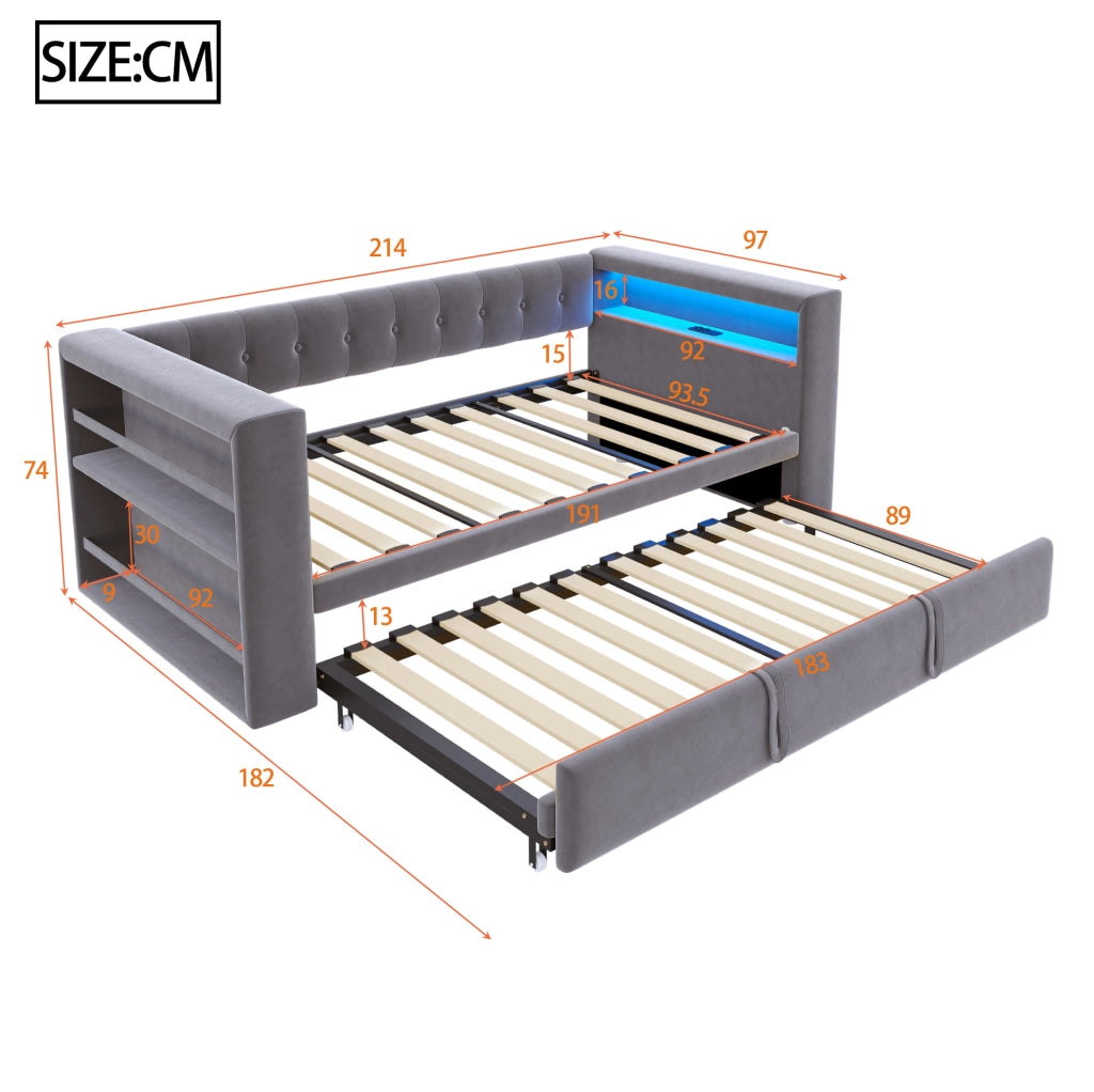 Divano letto multifunzione 90/180 x 190 cm con LED; prese; contenitore e rivestimento grigio scuro