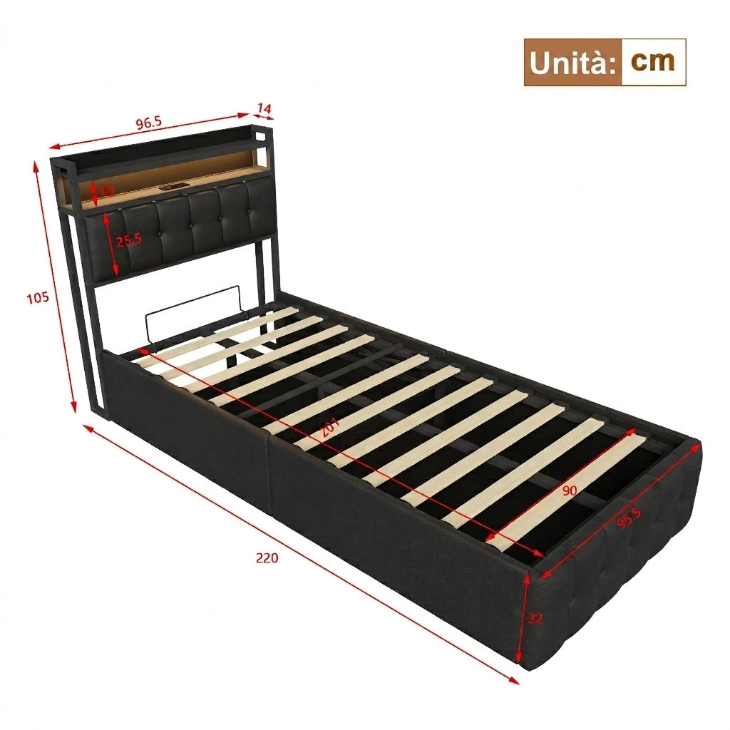 Letto singolo 90x200 cm con contenitore LED USB testiera struttura letto MDF e PU - nero