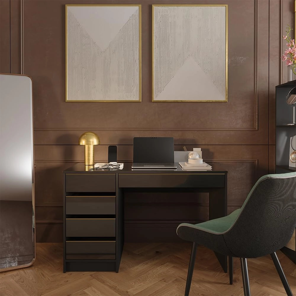 Scrivania Sherry, Nero lucido, 55 x 120 cm con cassetti, adatto come postazione di lavoro per home office o studio