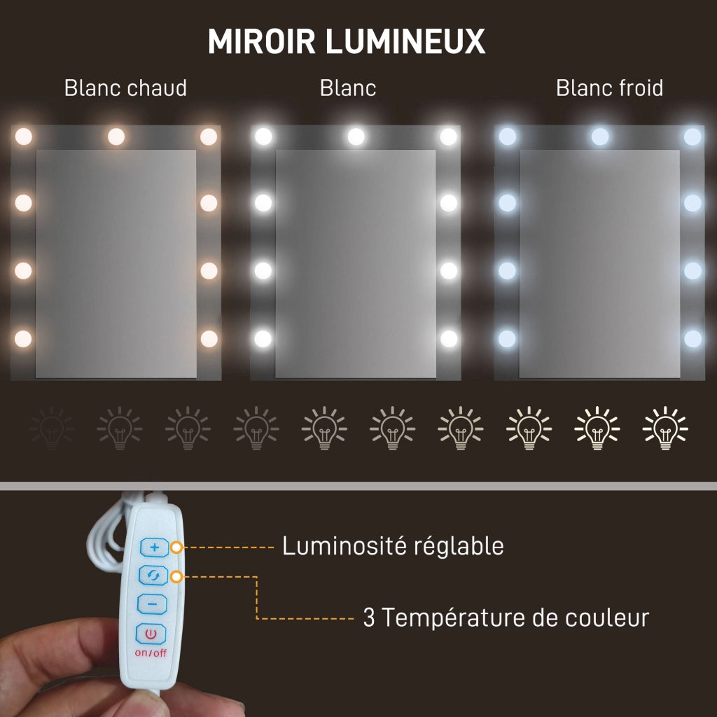 Toeletta con specchio LED regolabile ¨C Xylo ¨C 4 cassetti in tessuto, metallo nero, legno scuro