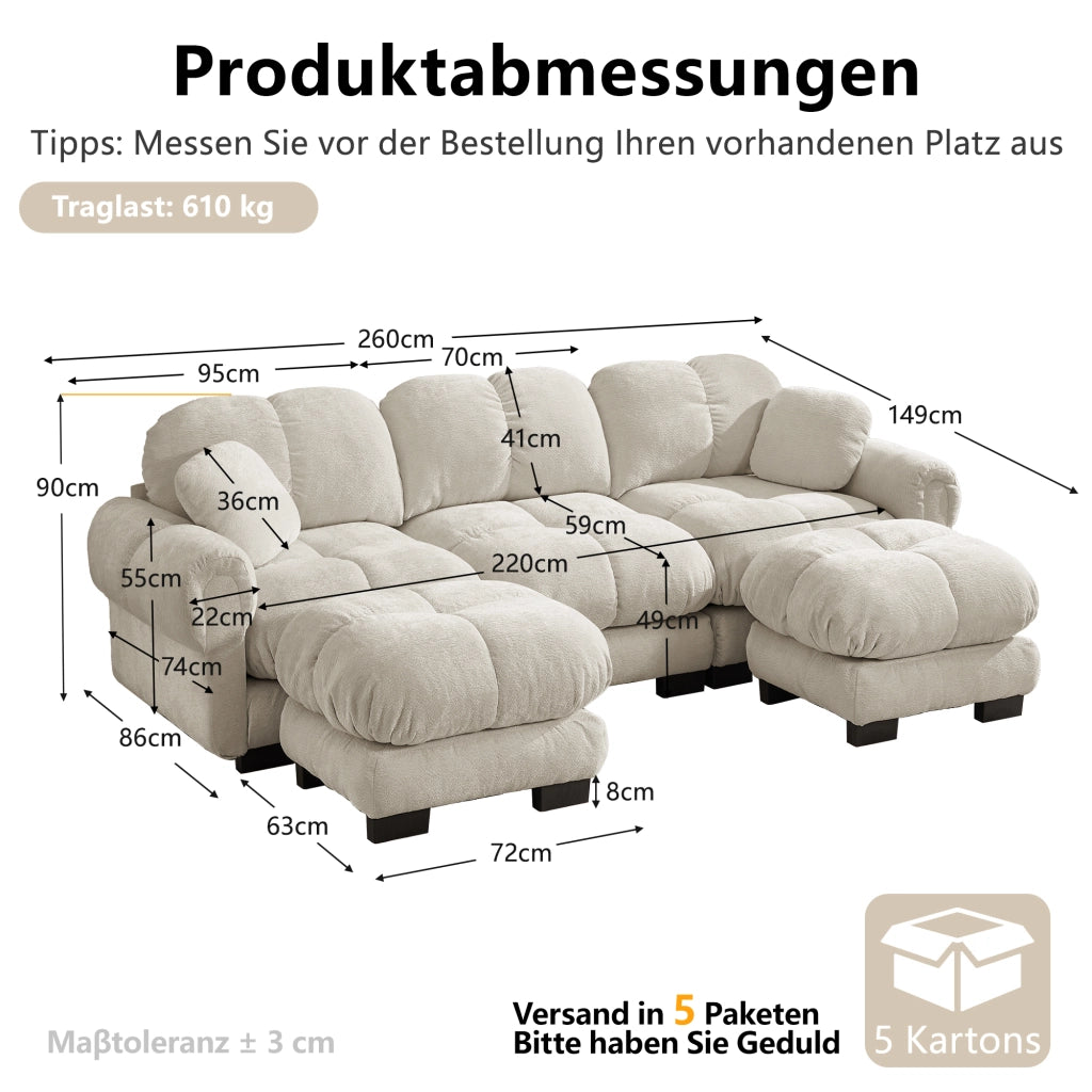 Divano angolare convertibile 3 posti con pouf mobile e cuscino, in Chenille, Beige chiaro