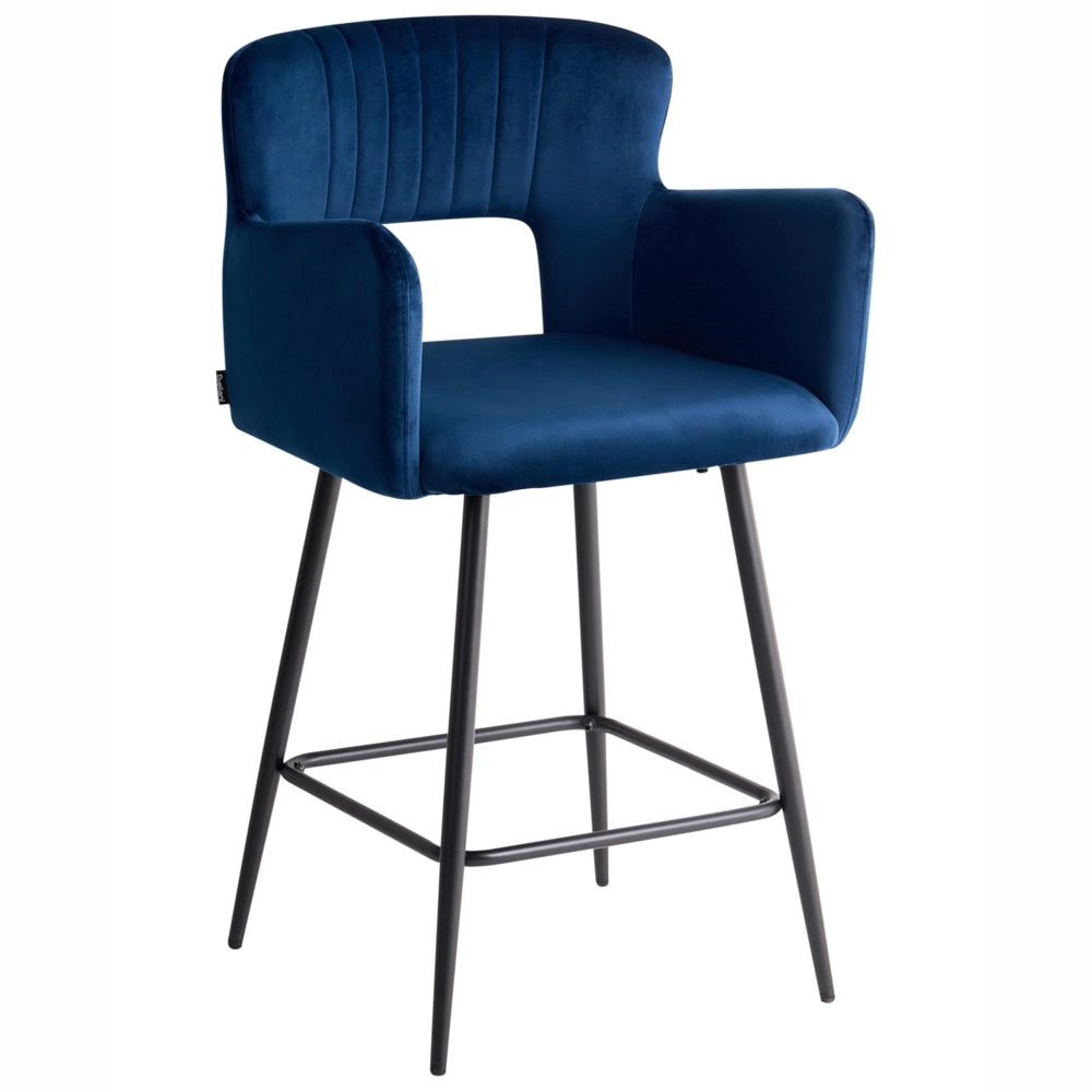 Set di 2 sgabelli da bar velluto blu marino braccioli schienale intagliato gambe in metallo moderna industriale