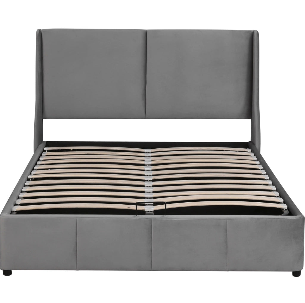 Letto matrimoniale con contenitore e testiera a orecchie 140x190 cm in velluto grigio